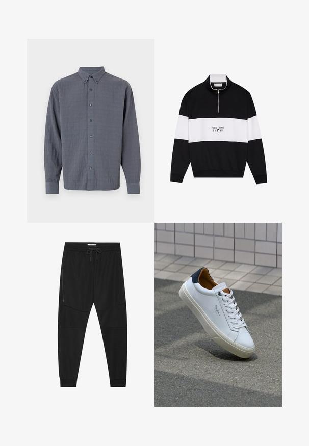 Pier One Sweatshirt - jet black; Chemise grise à boutons, à manches longues, en tissu texturé, avec un col classique et six boutons sur le devant.; Pantalons de sport noirs en tissu texturé, dotés d'une taille réglable, d'une poche latérale zippée et de chevrons resserrés.; Sneaker en cuir blanc avec un talon bleu marine, bout rond et accents marron contrastés. Dispose de lacets plats et d'une semelle en caoutchouc texturée.