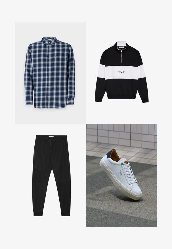 Pier One Ikdienas džemperis - jet black; Zilo un baltu svītrots pogas krekls, izgatavots no kokvilnas, ar garām piedurknēm, uz kreisā krūts ir neliela logo birka. Klasiska apkakles dizains.; Melnas sporta bikses, izgatavotas no teksturēta auduma, ar regulējamu jostu, ar rāvējslēdzēju sānu kabatu un sašaurinātiem galiem.; Baltas ādas čības ar tumši zilu papēdi, apaļu purngalu un kontrastējošām brūnām detaļām. Aprīkotas ar plakanu auklu un struktūrētu gumijas zoli.