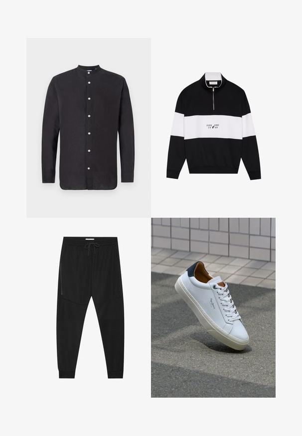 Pier One Sweatshirt - jet black; Svart langermet skjorte laget av teksturert stoff, med høy krage og frontknapper. Glatt overflate med subtil glans.; Sorte treningsbukser laget av teksturert stoff, med justerbart liv, glidelåslomme på siden og avsmalnende mansjetter.; Hvit lærsneaker med marineblå hæl, rund tå og kontrasterende brune detaljer. Har flate lisser og teksturert gummisåle.