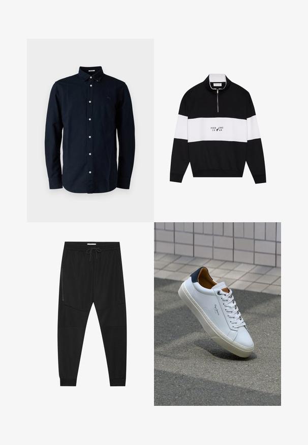 Pier One Sweatshirt - jet black; Marineblaue Baumwollhemd mit Knopfleiste, klassischem Kragen, langen Ärmeln und einem kleinen gestickten Logo auf der Brust.; Schwarze Sporthosen aus strukturiertem Stoff, mit verstellbarem Bund, seitlicher Reißverschlusstasche und schmal zulaufenden Bündchen.; Weiße Ledersneaker mit navyfarbenem Fersenbereich, runder Zehenpartie und kontrastierenden braunen Akzenten. Verfügt über flache Schnürsenkel und eine strukturierte Gummisohle.