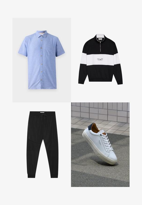 Pier One Sweatshirt - jet black; Kortermet skjorte laget av et lys blått stoff med rutemønster, med knapping foran og en brystlomme.; Sorte treningsbukser laget av teksturert stoff, med justerbart liv, glidelåslomme på siden og avsmalnende mansjetter.; Hvit lærsneaker med marineblå hæl, rund tå og kontrasterende brune detaljer. Har flate lisser og teksturert gummisåle.