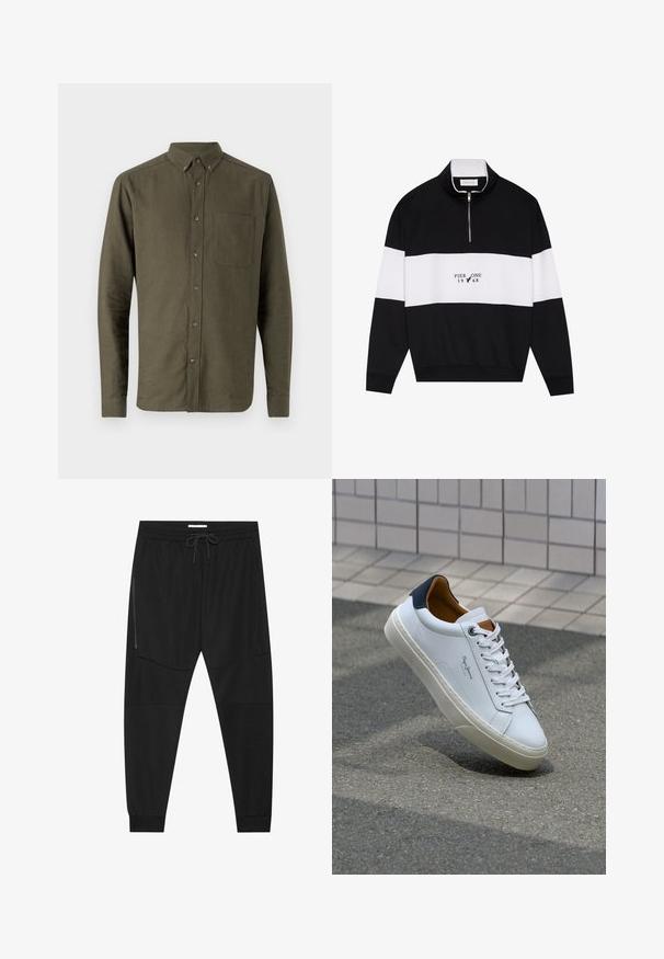 Pier One Collegepaita - jet black; Oliivinvihreä napillinen paita, pitkähiha, pieni kaulus, yksi rintatasku, tekstuuriulkos, etupainatus.; Mustat urheiluhousut, jotka on valmistettu teksturoidusta kankaasta. Housuissa on säädettävä vyötärö, vetoketjullinen sivutasku ja kapenevat hihnat.; Valkoinen nahkakenkä, jossa on tummansininen kantapää, pyöreä kärki ja ristikkäiset ruskeat korostukset. Varustettu tasapaksuilla nauhoilla ja teksturoidulla kumipohjalla.