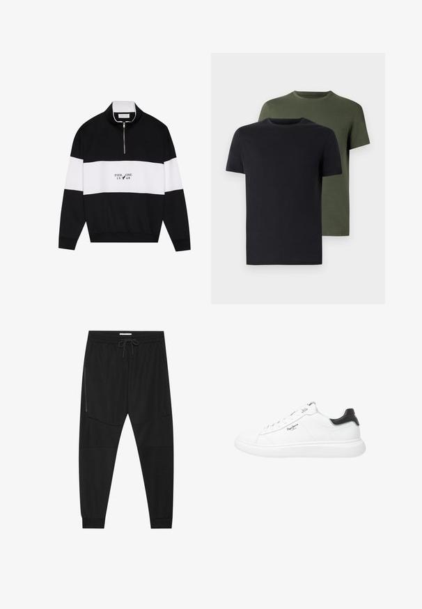 Pier One Camisola - jet black; Duas t-shirts de gola redonda nas cores preto e verde-oliva, feitas de um tecido de algodão suave. O design é simples, com mangas curtas e corte reto.; Calças de treino pretas feitas de tecido texturizado, com uma cintura ajustável, bolso lateral com fecho e punhos afunilados.; Ténis brancos de cano baixo feitos de couro com um acabamento suave, apresentando detalhes em preto no calcanhar, atacadores redondos e costura lateral discreta.