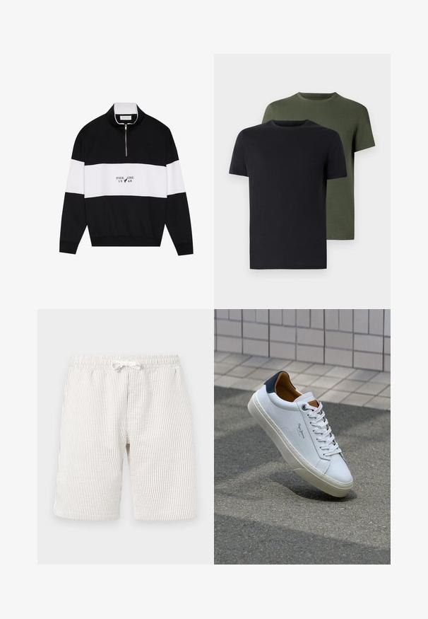 Pier One Sweatshirt - jet black; Two crew-neck t-shirts in black and olive green, made of soft cotton fabric. The design is simple with short sleeves and a straight cut.; Light beige striped shorts with an elastic waistband and drawstring. The texture appears soft and fabric has a subtle vertical pattern.; White leather sneaker with a navy heel, round toe, and contrasting brown accents. Features flat laces and textured rubber sole.