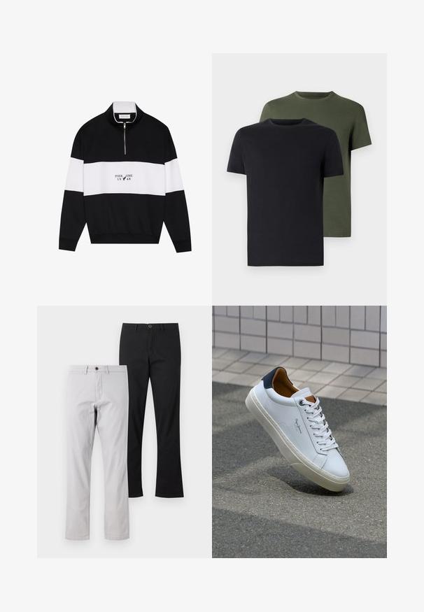 Pier One Sweatshirt - jet black; Two crew-neck t-shirts in black and olive green, made of soft cotton fabric. The design is simple with short sleeves and a straight cut.; Two pairs of straight-leg trousers: one in light gray with a brown button and one in solid black. Both feature a smooth cotton texture.; White leather sneaker with a navy heel, round toe, and contrasting brown accents. Features flat laces and textured rubber sole.