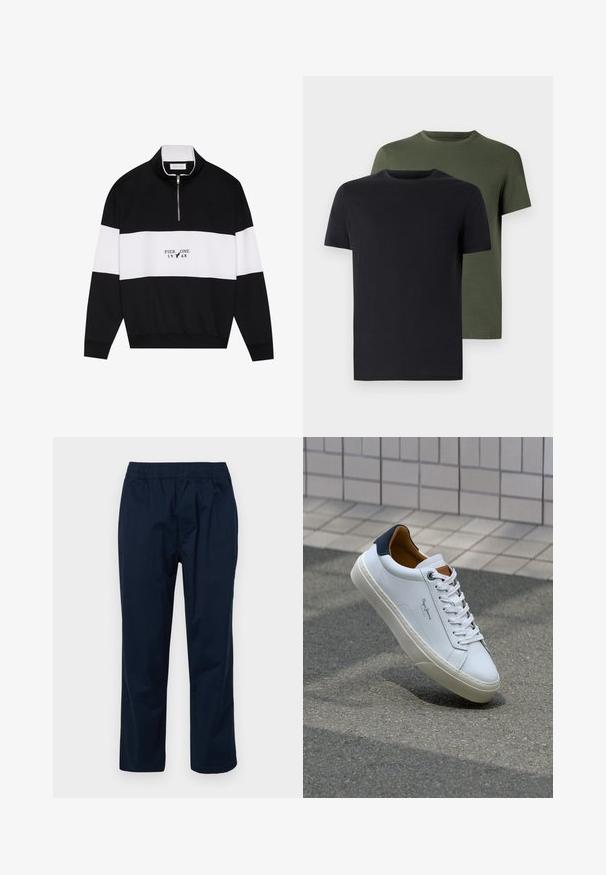 Pier One Sweatshirt - jet black; Two crew-neck t-shirts in black and olive green, made of soft cotton fabric. The design is simple with short sleeves and a straight cut.; Navy blue, lightweight trousers with an elastic waistband, straight legs, and no visible pockets or patterns. Smooth fabric texture.; White leather sneaker with a navy heel, round toe, and contrasting brown accents. Features flat laces and textured rubber sole.