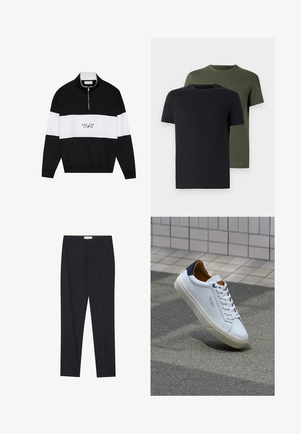 Pier One Collegepaita - jet black; Kaksi miehen kaula-aukolla varustettua t-paitaa mustana ja oliivinvihreänä, valmistettu pehmeästä puuvillakankaasta. Suunnittelu on yksinkertainen, lyhyet hihat ja suora leikkaus.; Musta räätälöity housupari, jossa on tasapintainen etuosa, normaali istuvuus, valmistettu sileästä kankaasta, jossa on painetut laskokset ja sivutaskut.; Valkoinen nahkakenkä, jossa on tummansininen kantapää, pyöreä kärki ja ristikkäiset ruskeat korostukset. Varustettu tasapaksuilla nauhoilla ja teksturoidulla kumipohjalla.