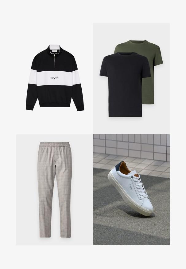 Pier One Collegepaita - jet black; Kaksi miehen kaula-aukolla varustettua t-paitaa mustana ja oliivinvihreänä, valmistettu pehmeästä puuvillakankaasta. Suunnittelu on yksinkertainen, lyhyet hihat ja suora leikkaus.; Jack & Jones PREMIUM STKANE EDWIN - Housut - otter; Valkoinen nahkakenkä, jossa on tummansininen kantapää, pyöreä kärki ja ristikkäiset ruskeat korostukset. Varustettu tasapaksuilla nauhoilla ja teksturoidulla kumipohjalla.