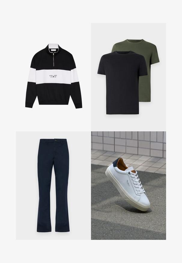 Pier One Sweatshirt - jet black; Two crew-neck t-shirts in black and olive green, made of soft cotton fabric. The design is simple with short sleeves and a straight cut.; Navy blue cotton pants with a straight leg design, featuring a front button closure, belt loops, and two side pockets. Smooth texture.; White leather sneaker with a navy heel, round toe, and contrasting brown accents. Features flat laces and textured rubber sole.