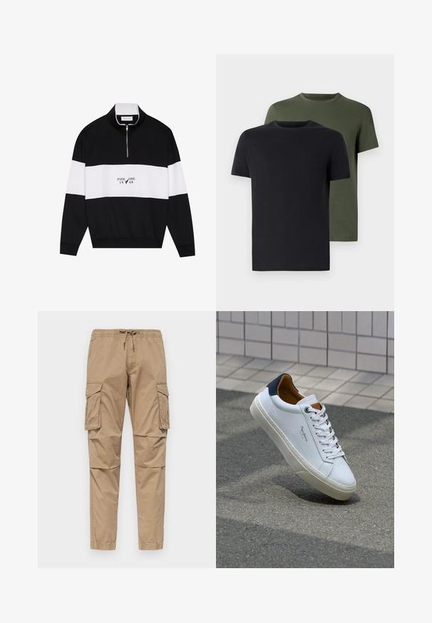 Pier One Felpa - jet black; Due magliette a girocollo in nero e verde oliva, realizzate in morbido cotone. Il design è semplice, con maniche corte e un taglio dritto.; Pantaloni cargo beige in cotone, con vita elastica e lacci, tasche laterali e gambe affusolate con orli risvoltati.; Sneaker bianca in pelle con tallone blu, punta rotonda e accenti marroni a contrasto. Presenta lacci piatti e suola in gomma testurizzata.