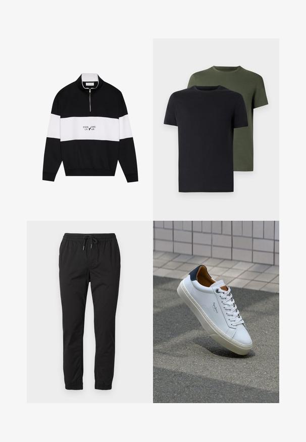 Pier One Sweater - jet black; Twee crew-neck t-shirts in zwart en olijfgroen, gemaakt van zachte katoen. Het ontwerp is eenvoudig met korte mouwen en een rechte snit.; Zwarte joggingsbroek met een elastische tailleband, trekkoord en omgeslagen enkels. Gemaakt van een soepele, lichtgewicht stof.; Witte leren sneaker met een marineblauwe hiel, ronde neus en contrasterende bruin accent. Beschikt over platte veters en een gestructureerde rubberen zool.