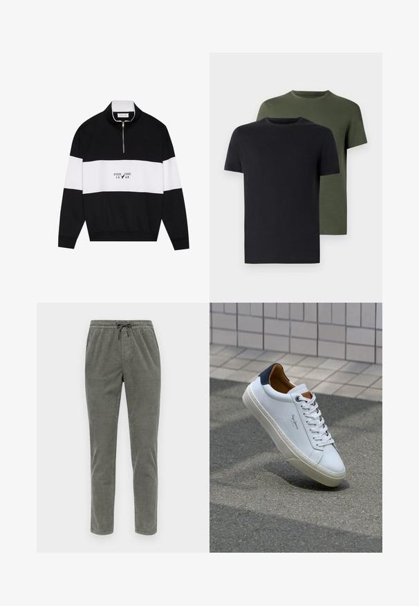 Pier One Sweatshirt - jet black; To stykker crew-neck t-shirts i sort og olivengrøn, lavet af blødt bomuldsstof. Designet er enkelt med korte ærmer og lige skæring.; Olivenfarvede cordsbukser med elastisk talje og snor, lige ben og et struktureret stofmønster.; Hvide lædersneakers med en marineblå hæl, rund tå og kontrasterende brune detaljer. Har flade snørebånd og en tekstureret gummisål.