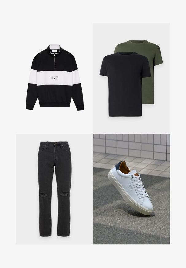 Pier One Sweatshirt - jet black; To t-skjorter med rund hals i svart og olivengrønn, laget av myk bomullstoff. Designet er enkelt med korte ermer og rett snitt.; Svarte denimjeans med slitte detaljer på knærne, femlommesdesign, rett benpassform og subtil kontrastsøm.; Hvit lærsneaker med marineblå hæl, rund tå og kontrasterende brune detaljer. Har flate lisser og teksturert gummisåle.