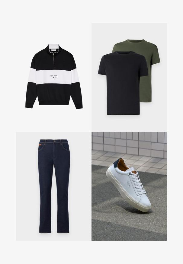 Pier One Collegepaita - jet black; Kaksi miehen kaula-aukolla varustettua t-paitaa mustana ja oliivinvihreänä, valmistettu pehmeästä puuvillakankaasta. Suunnittelu on yksinkertainen, lyhyet hihat ja suora leikkaus.; Tummansiniset farkut suoran lahkeen leikkauksella, joissa on oranssia ommelta, viisi taskua ja nappikiinnitys vyötäröllä.; Valkoinen nahkakenkä, jossa on tummansininen kantapää, pyöreä kärki ja ristikkäiset ruskeat korostukset. Varustettu tasapaksuilla nauhoilla ja teksturoidulla kumipohjalla.