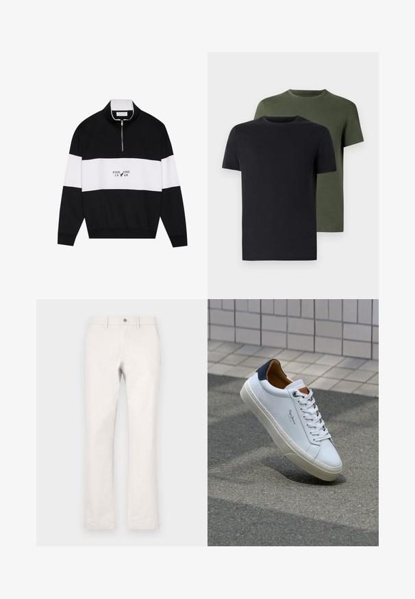 Pier One Sweatshirt - jet black; Zwei Rundhals-T-Shirts in Schwarz und Olivgrün, aus weichem Baumwollstoff gefertigt. Das Design ist schlicht mit kurzen Ärmeln und geradem Schnitt.; Helle beigefarbene Baumwollhose. Merkmale sind gerade Beine, ein Knopfverschluss und seitliche Taschen für Funktionalität. Glatte Textur insgesamt.; Weiße Ledersneaker mit navyfarbenem Fersenbereich, runder Zehenpartie und kontrastierenden braunen Akzenten. Verfügt über flache Schnürsenkel und eine strukturierte Gummisohle.