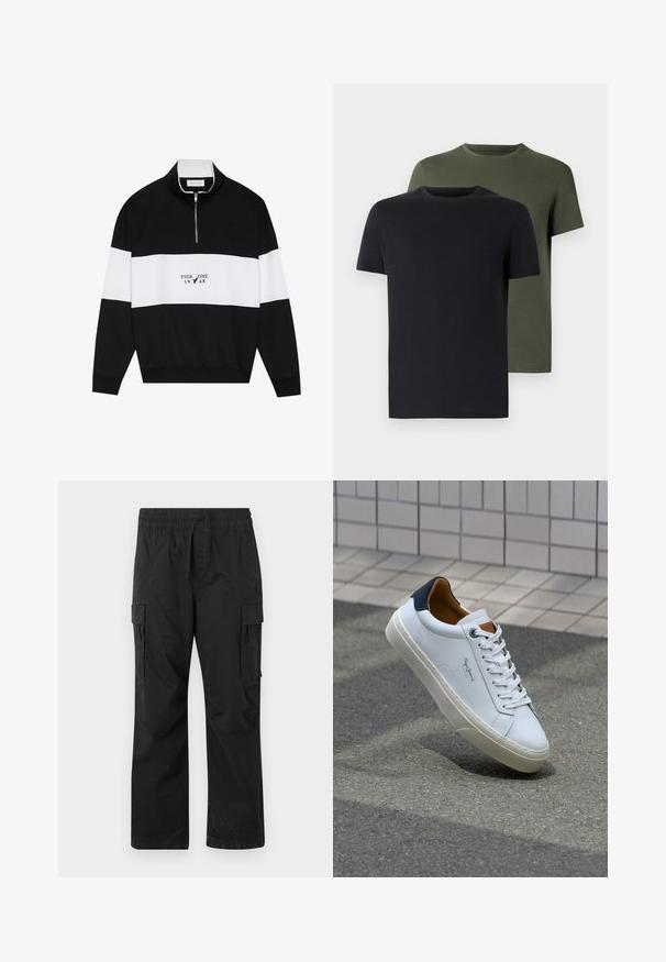 Pier One Pusa - jet black; Kaks ümarate kaelustega t-särki mustas ja oliivrohelises värvuses, valmistatud pehmest puuvillakangast. Kujundus on lihtne, lühikeste varrukatega ja sirge lõikega.; Mustad mustrit püksid, mis on valmistatud kergest kangast, elastse vöökoha, paelaga ja kahe külgmise taskuga.; Valge nahast tennis, millel on tumesinine konts, ümmargune nina ja kontrastsed pruuni aktsendid. Omab lamepaelti ja tekstureeritud kummist tallat.