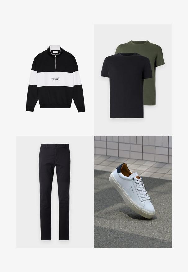 Pier One Sweatshirt - jet black; Two crew-neck t-shirts in black and olive green, made of soft cotton fabric. The design is simple with short sleeves and a straight cut.; Black pants made of smooth fabric, featuring a slim fit design, button closure, and standard pockets with no visible patterns or accents.; White leather sneaker with a navy heel, round toe, and contrasting brown accents. Features flat laces and textured rubber sole.