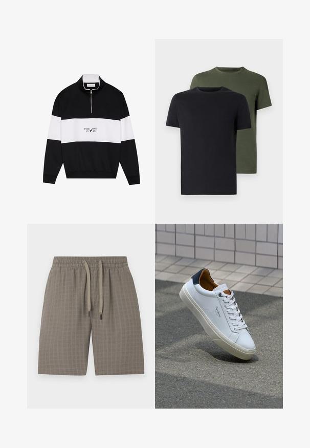 Pier One Sweatshirt - jet black; To stykker crew-neck t-shirts i sort og olivengrøn, lavet af blødt bomuldsstof. Designet er enkelt med korte ærmer og lige skæring.; Brune, strukturerede shorts med elastisk talje og justerbar snor; har et blødt, let stof og et ternet mønster.; Hvide lædersneakers med en marineblå hæl, rund tå og kontrasterende brune detaljer. Har flade snørebånd og en tekstureret gummisål.