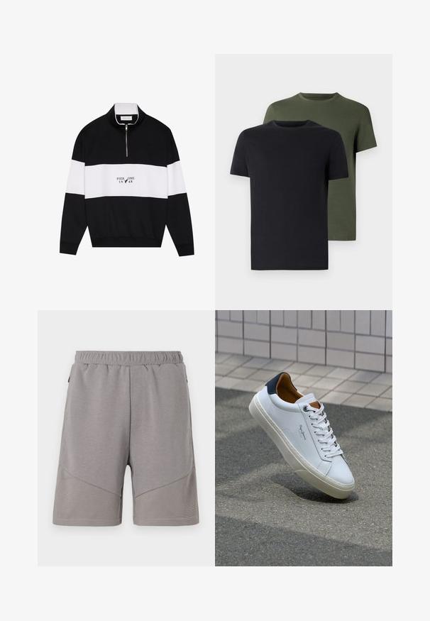 Pier One Sweatshirt - jet black; Deux t-shirts col ras du cou en noir et vert olive, fabriqués en coton doux. Le design est simple avec des manches courtes et une coupe droite.; Shorts de sport grises avec une taille élastique, présentant un panneau inférieur texturé et une section supérieure lisse.; Sneaker en cuir blanc avec un talon bleu marine, bout rond et accents marron contrastés. Dispose de lacets plats et d'une semelle en caoutchouc texturée.