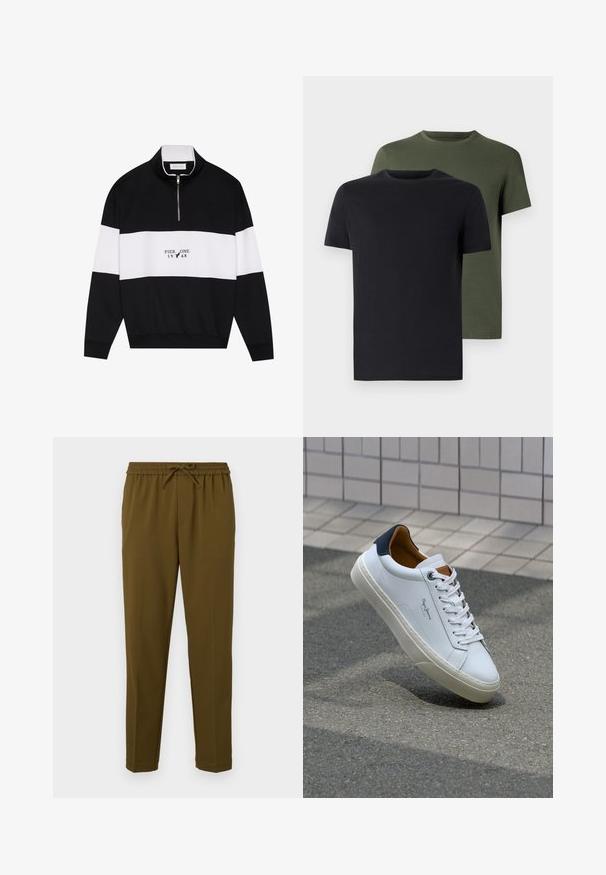 Pier One Sweatshirt - jet black; Two crew-neck t-shirts in black and olive green, made of soft cotton fabric. The design is simple with short sleeves and a straight cut.; Olive green, lightweight pants with an elastic waistband and adjustable drawstring. Features straight legs and no pockets. Smooth texture.; White leather sneaker with a navy heel, round toe, and contrasting brown accents. Features flat laces and textured rubber sole.