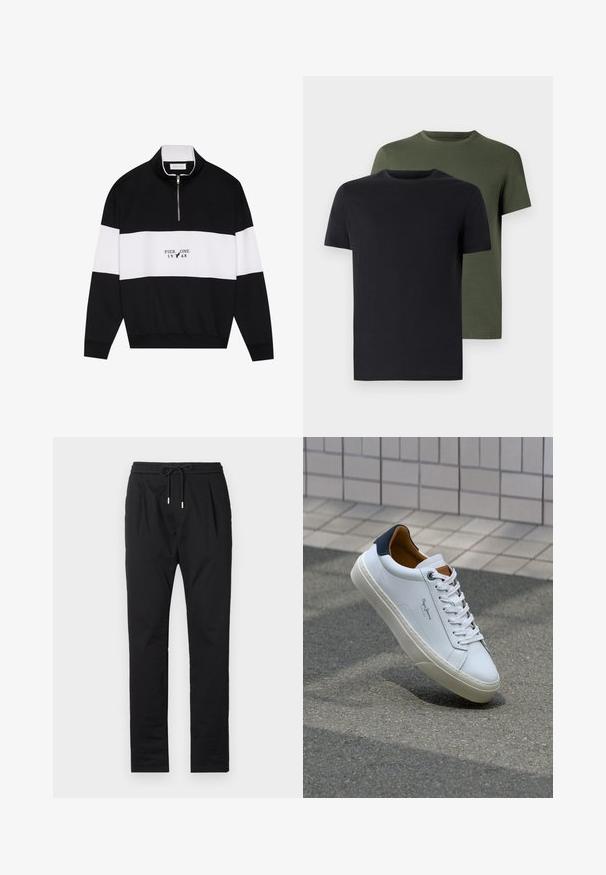 Pier One Collegepaita - jet black; Kaksi miehen kaula-aukolla varustettua t-paitaa mustana ja oliivinvihreänä, valmistettu pehmeästä puuvillakankaasta. Suunnittelu on yksinkertainen, lyhyet hihat ja suora leikkaus.; Mustat, kevyet housut, joissa on joustava vyötärö, nyörikiinnitys ja kaksi etutaskua. Sujuva kangas ja istuva leikkaus.; Valkoinen nahkakenkä, jossa on tummansininen kantapää, pyöreä kärki ja ristikkäiset ruskeat korostukset. Varustettu tasapaksuilla nauhoilla ja teksturoidulla kumipohjalla.