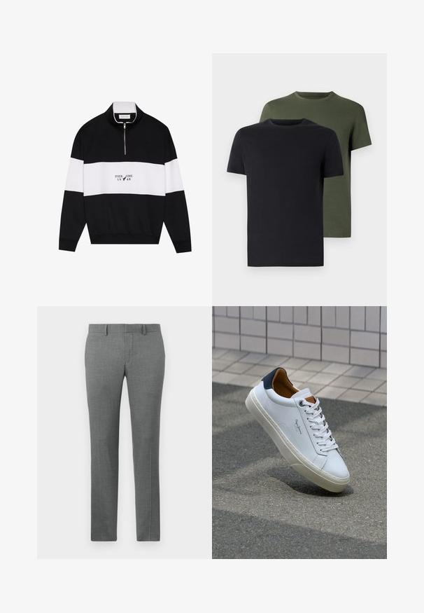 Pier One Sweater - jet black; Twee crew-neck t-shirts in zwart en olijfgroen, gemaakt van zachte katoen. Het ontwerp is eenvoudig met korte mouwen en een rechte snit.; Grijze op maat gemaakte broek met een gladde textuur, rechte pijpdesign, riemlussen en een subtiel visgraatpatroon doorheen.; Witte leren sneaker met een marineblauwe hiel, ronde neus en contrasterende bruin accent. Beschikt over platte veters en een gestructureerde rubberen zool.