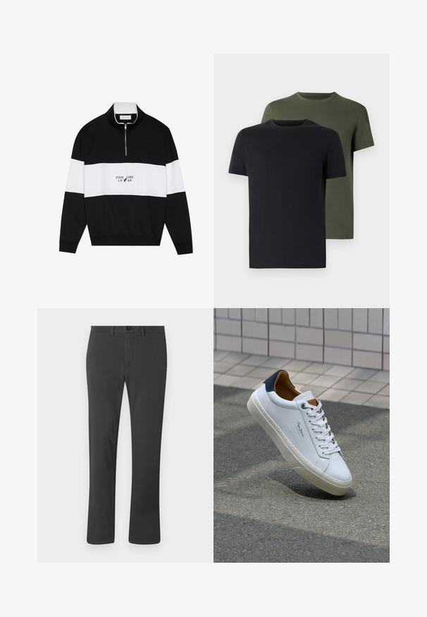 Pier One Sweatshirt - jet black; Zwei Rundhals-T-Shirts in Schwarz und Olivgrün, aus weichem Baumwollstoff gefertigt. Das Design ist schlicht mit kurzen Ärmeln und geradem Schnitt.; Schwarze Hose aus glattem Stoff, mit geradem Bein-Design, Reißverschluss, Knopfverschluss und Gürtelschlaufen. Schlichter und funktionaler Stil.; Weiße Ledersneaker mit navyfarbenem Fersenbereich, runder Zehenpartie und kontrastierenden braunen Akzenten. Verfügt über flache Schnürsenkel und eine strukturierte Gummisohle.