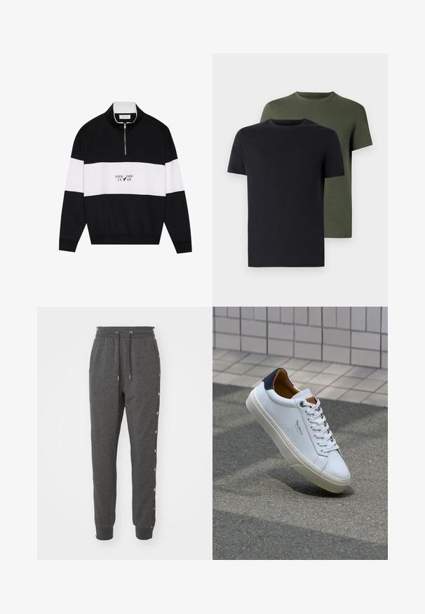 Pier One Sweatshirt - jet black; Two crew-neck t-shirts in black and olive green, made of soft cotton fabric. The design is simple with short sleeves and a straight cut.; Gray sweatpants made of soft fabric, featuring a drawstring waistband, ankle cuffs, and snap buttons along the sides for easy access.; White leather sneaker with a navy heel, round toe, and contrasting brown accents. Features flat laces and textured rubber sole.