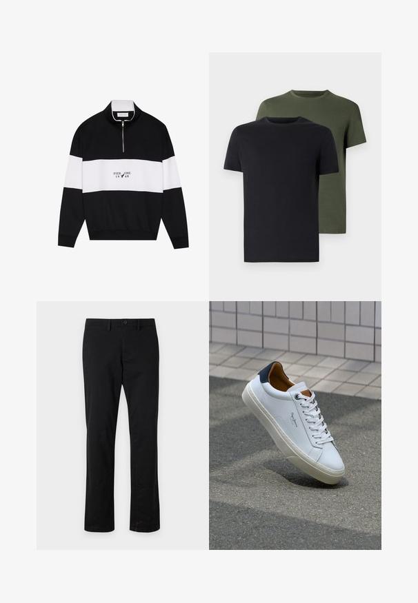 Pier One Collegepaita - jet black; Kaksi miehen kaula-aukolla varustettua t-paitaa mustana ja oliivinvihreänä, valmistettu pehmeästä puuvillakankaasta. Suunnittelu on yksinkertainen, lyhyet hihat ja suora leikkaus.; Mustat suorat housut, jotka on valmistettu puuvillasta. Housuissa on nappikiinnitys, tavalliset taskut ja minimaalinen tekstuuri.; Valkoinen nahkakenkä, jossa on tummansininen kantapää, pyöreä kärki ja ristikkäiset ruskeat korostukset. Varustettu tasapaksuilla nauhoilla ja teksturoidulla kumipohjalla.