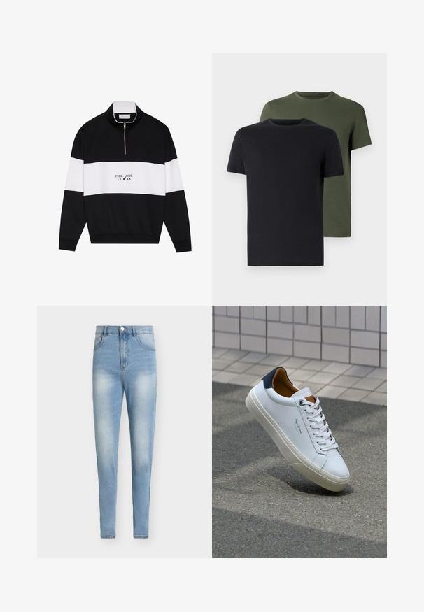Pier One Sweatshirt - jet black; Två crew-neck t-shirts i svart och olivgrön, tillverkade av mjukt bomullstyg. Designen är enkel med korta ärmar och rak passform.; Ljusblå högmidjade jeans i denimtyg. Slim fit med blekta detaljer, fem fickor och stängning med metallknapp.; Vita lädersneakers med en marinblå häl, rund tå och kontrasterande bruna detaljer. Har plana snören och en texturerad gummisula.