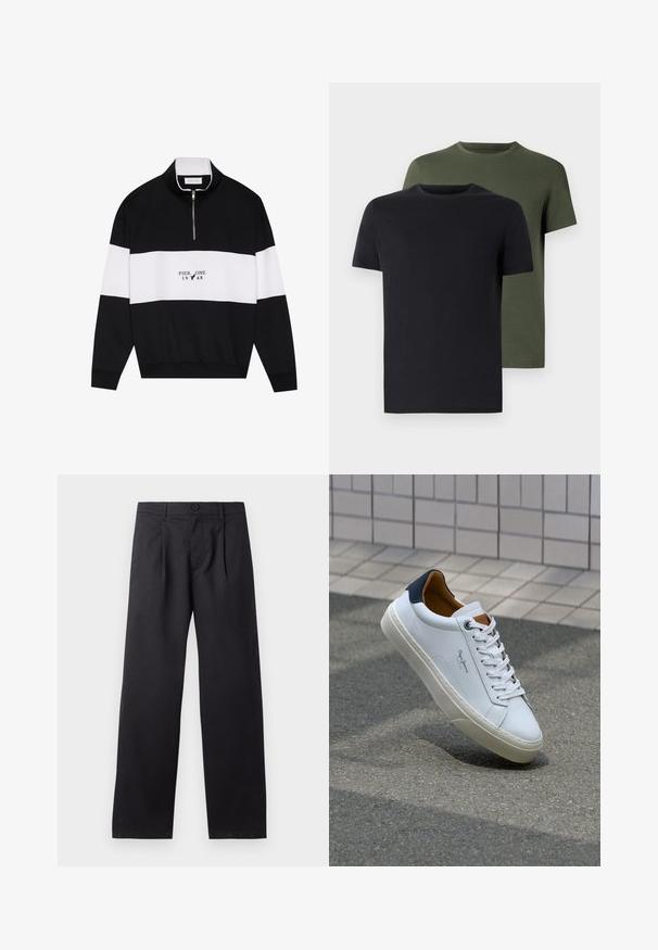 Pier One Sweatshirt - jet black; Deux t-shirts col ras du cou en noir et vert olive, fabriqués en coton doux. Le design est simple avec des manches courtes et une coupe droite.; Pantalons larges noirs en tissu lisse. Présentent des plis sur le devant, une fermeture à bouton et deux poches latérales.; Sneaker en cuir blanc avec un talon bleu marine, bout rond et accents marron contrastés. Dispose de lacets plats et d'une semelle en caoutchouc texturée.