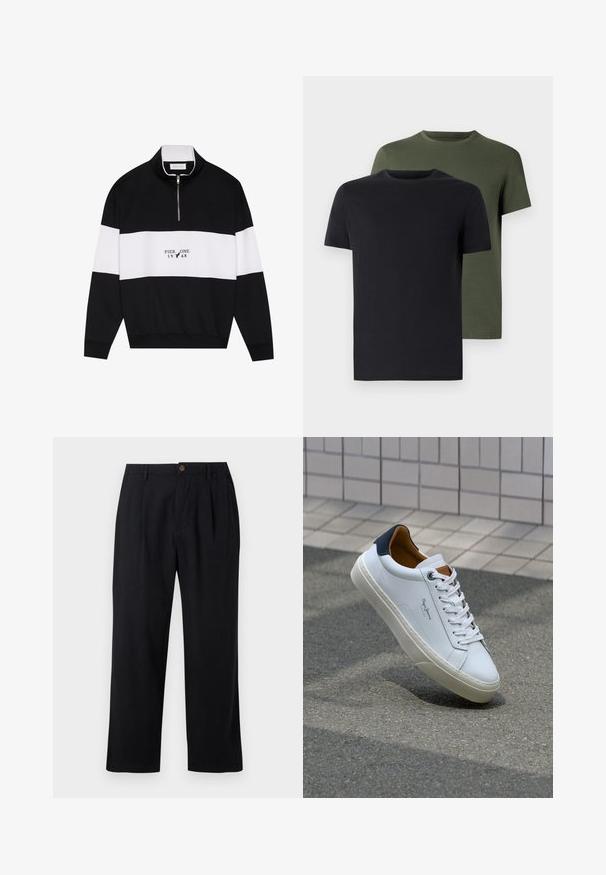 Pier One Collegepaita - jet black; Kaksi miehen kaula-aukolla varustettua t-paitaa mustana ja oliivinvihreänä, valmistettu pehmeästä puuvillakankaasta. Suunnittelu on yksinkertainen, lyhyet hihat ja suora leikkaus.; Mustat housut, jotka on valmistettu kevyestä kankaasta, jossa on laskostettu etuosa, suorat lahkeet ja yksi ruskea nappi vyötäröllä.; Valkoinen nahkakenkä, jossa on tummansininen kantapää, pyöreä kärki ja ristikkäiset ruskeat korostukset. Varustettu tasapaksuilla nauhoilla ja teksturoidulla kumipohjalla.