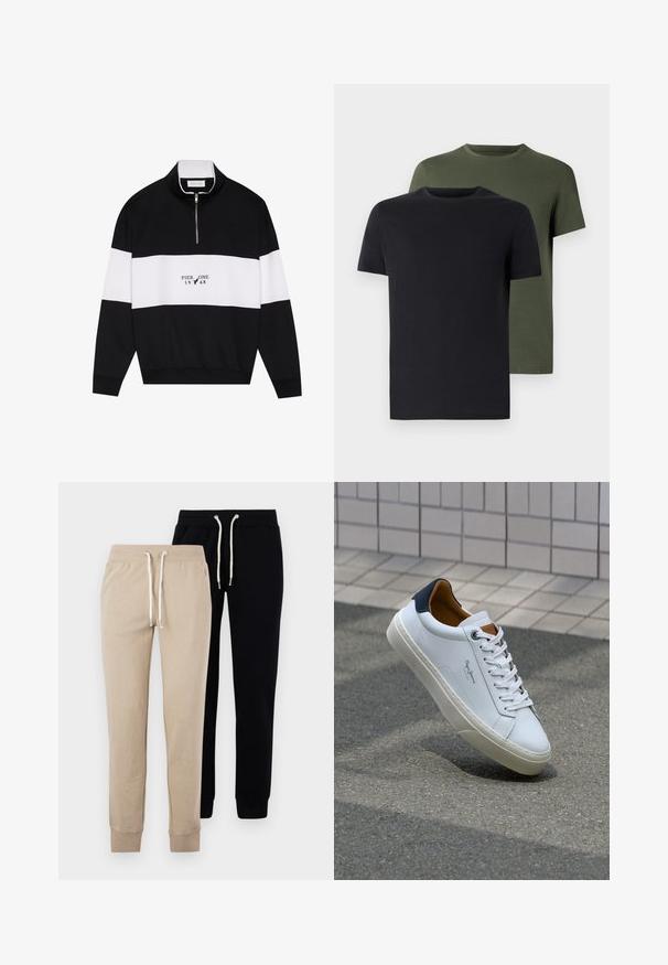 Pier One Camisola - jet black; Duas t-shirts de gola redonda nas cores preto e verde-oliva, feitas de um tecido de algodão suave. O design é simples, com mangas curtas e corte reto.; Duas calças de fato de treino: uma bege e outra preta, com punhos elásticos e cinturas ajustáveis com cordão, apresentando detalhes em metal prateado.; Sapatilha de couro branco com calcanhar azul marinho, bico redondo e detalhes em castanho contrastantes. Apresenta atacadores planos e sola de borracha texturizada.