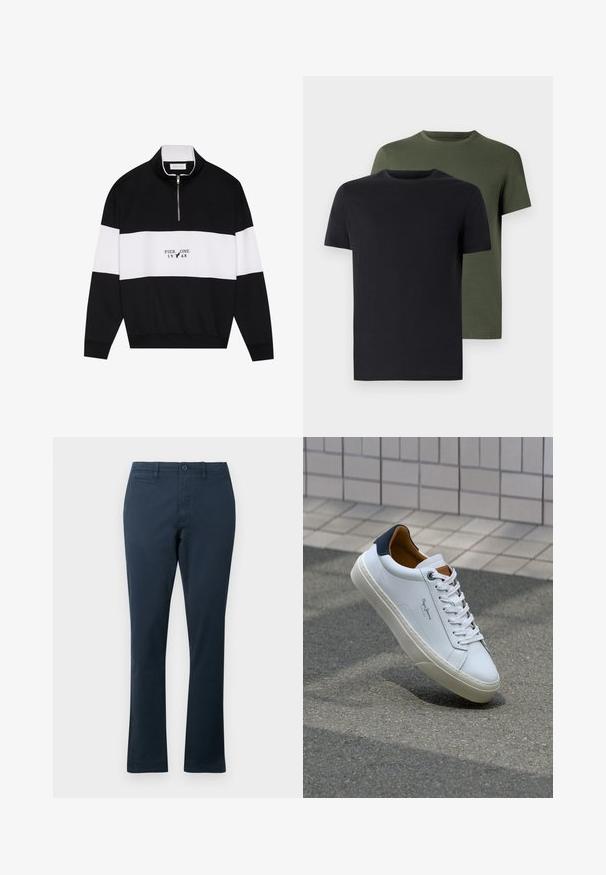 Pier One Sweatshirt - jet black; Two crew-neck t-shirts in black and olive green, made of soft cotton fabric. The design is simple with short sleeves and a straight cut.; Navy blue, cotton-blend trousers with a straight-leg design, featuring front pockets, a button closure, and belt loops. Smooth texture.; White leather sneaker with a navy heel, round toe, and contrasting brown accents. Features flat laces and textured rubber sole.