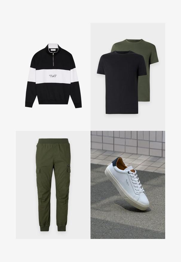 Pier One Sweatshirt - jet black; To t-skjorter med rund hals i svart og olivengrønn, laget av myk bomullstoff. Designet er enkelt med korte ermer og rett snitt.; Oliven grønne cargo bukser med elastisk talje, sidelommer og ankelmanchetter; lavet af slidstærkt stof med en glat overflade.; Hvit lærsneaker med marineblå hæl, rund tå og kontrasterende brune detaljer. Har flate lisser og teksturert gummisåle.