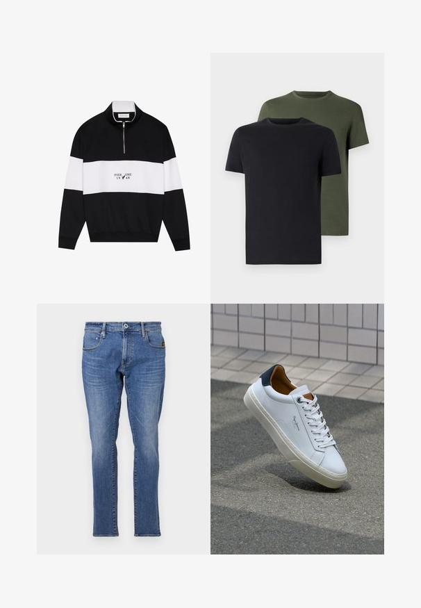Pier One Športni pulover - jet black; Dve majice s okroglim izrezom v črni in olivno zeleni barvi, narejene iz mehkega bombažnega materiala. Oblikovanje je preprosto, z kratkimi rokavi in ravnim krojem.; Modre kavbojke s klasičnim ravnim krojem, petimi žepi in oranžnimi šivi. Tkanina je teksturirana in trpežna.; Beli usnjeni čevelj s plavo peto, okrogelimi prsti in kontrastnimi rjavimi detajli. Ima ravne vezalke in teksturiran gumijast podplat.