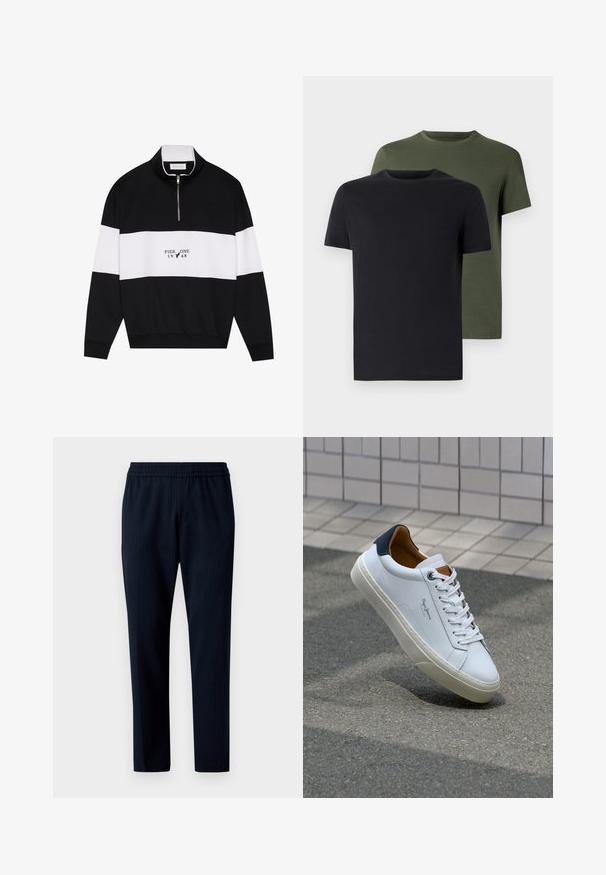 Pier One - Bluza; Dwa t-shirty z okrągłym dekoltem w czarnym i oliwkowym kolorze, wykonane z miękkiej bawełny. Design jest prosty, posiada krótkie rękawy i prosty krój.; Spodnie w kolorze granatowym z wzorem w prążki, z elastycznym paskiem w talii i zwężanym krojem. Wykonane z tkaniny tkanej.; Białe skórzane trampki z granatowym piętkiem, okrągłym noskiem i kontrastowymi brązowymi akcentami. Posiadają płaskie sznurówki i teksturowaną gumową podeszwę.