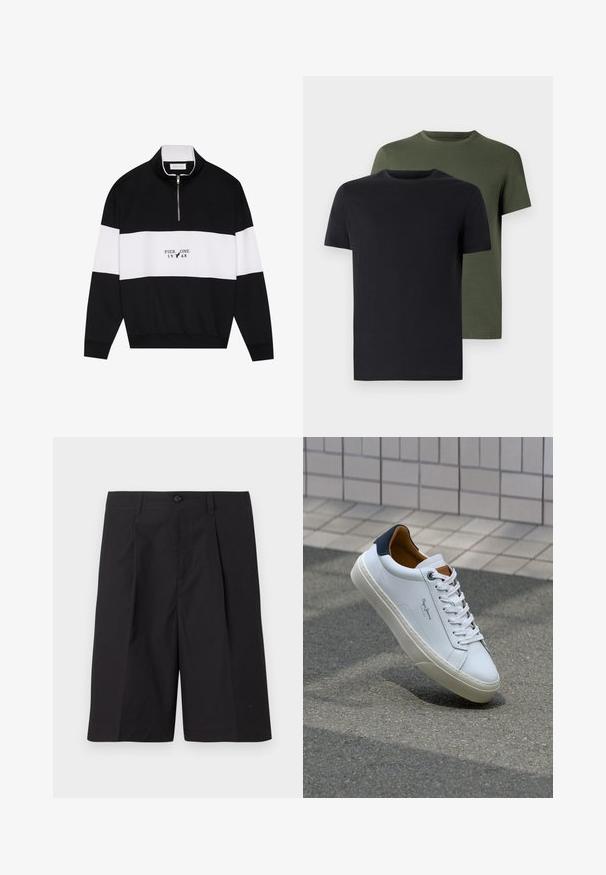 Pier One - Bluza; Dwa t-shirty z okrągłym dekoltem w czarnym i oliwkowym kolorze, wykonane z miękkiej bawełny. Design jest prosty, posiada krótkie rękawy i prosty krój.; Czarne dopasowane szorty wykonane z lekkiego materiału, z fałdami, zapięciem na guzik oraz prostym dołem. Gładka struktura i brak widocznych wzorów.; Białe skórzane trampki z granatowym piętkiem, okrągłym noskiem i kontrastowymi brązowymi akcentami. Posiadają płaskie sznurówki i teksturowaną gumową podeszwę.