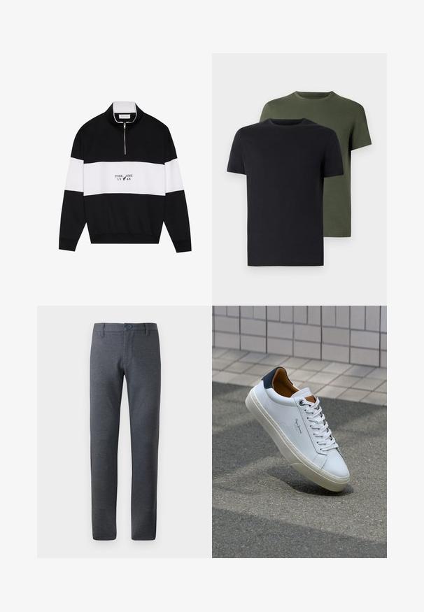 Pier One Camisola - jet black; Duas t-shirts de gola redonda nas cores preto e verde-oliva, feitas de um tecido de algodão suave. O design é simples, com mangas curtas e corte reto.; Calças cinzentas texturizadas com um corte reto, apresentando uma cintura com passadores para cinto, bolsos frontais e um fecho com um único botão.; Sapatilha de couro branco com calcanhar azul marinho, bico redondo e detalhes em castanho contrastantes. Apresenta atacadores planos e sola de borracha texturizada.