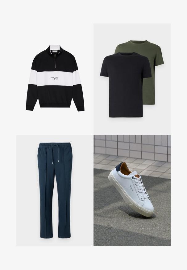 Pier One Sweatshirt - jet black; Zwei Rundhals-T-Shirts in Schwarz und Olivgrün, aus weichem Baumwollstoff gefertigt. Das Design ist schlicht mit kurzen Ärmeln und geradem Schnitt.; Marineblaue Hosen mit elastischem Bund und Kordelzug. Mit seitlichen Taschen und einem geraden Schnitt sowie einer glatten Textur.; Weiße Ledersneaker mit navyfarbenem Fersenbereich, runder Zehenpartie und kontrastierenden braunen Akzenten. Verfügt über flache Schnürsenkel und eine strukturierte Gummisohle.