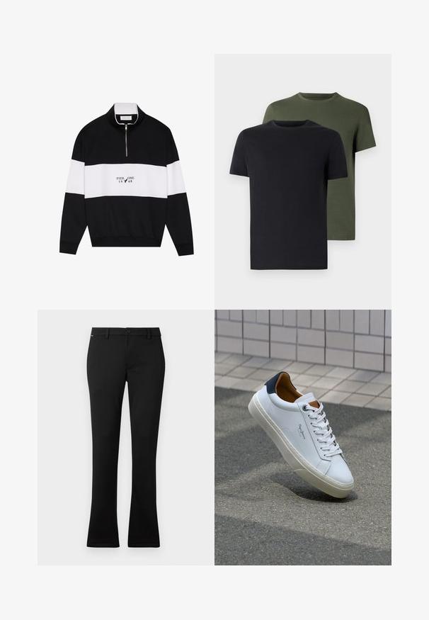 Pier One Sweater - jet black; Twee crew-neck t-shirts in zwart en olijfgroen, gemaakt van zachte katoen. Het ontwerp is eenvoudig met korte mouwen en een rechte snit.; Zwarte broek van gladde stof, met een rechte pasvorm en een lichte flare aan de onderkant, een sluiting met een knop aan de voorkant en riemlussen.; Witte leren sneaker met een marineblauwe hiel, ronde neus en contrasterende bruin accent. Beschikt over platte veters en een gestructureerde rubberen zool.