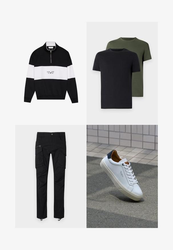 Pier One Felpa - jet black; Due magliette a girocollo in nero e verde oliva, realizzate in morbido cotone. Il design è semplice, con maniche corte e un taglio dritto.; Pantaloni cargo neri realizzati in tessuto resistente, dotati di più tasche, dettagli con zip e orlo regolabile per una vestibilità sicura.; Sneaker bianca in pelle con tallone blu, punta rotonda e accenti marroni a contrasto. Presenta lacci piatti e suola in gomma testurizzata.