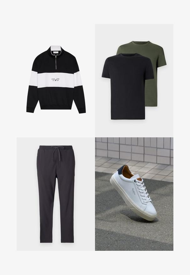 Pier One - Bluza; Dwa t-shirty z okrągłym dekoltem w czarnym i oliwkowym kolorze, wykonane z miękkiej bawełny. Design jest prosty, posiada krótkie rękawy i prosty krój.; Ciemnoszare spodnie dresowe z elastycznym pasem, sznurkiem do regulacji, kieszeniami po bokach oraz prążkowaną fakturą na całej powierzchni.; Białe skórzane trampki z granatowym piętkiem, okrągłym noskiem i kontrastowymi brązowymi akcentami. Posiadają płaskie sznurówki i teksturowaną gumową podeszwę.