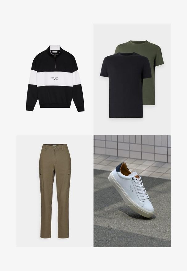 Pier One Sweatshirt - jet black; Two crew-neck t-shirts in black and olive green, made of soft cotton fabric. The design is simple with short sleeves and a straight cut.; Olive green cargo pants with straight legs, featuring two side pockets, a button closure, and a textured fabric.; White leather sneaker with a navy heel, round toe, and contrasting brown accents. Features flat laces and textured rubber sole.