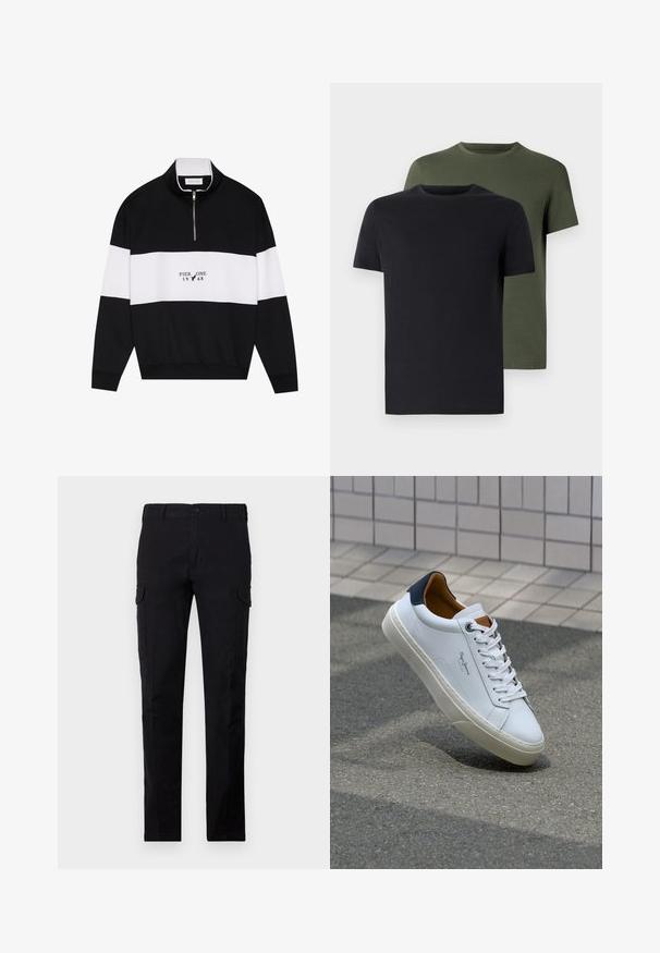Pier One Sportinis megztinis - jet black; Du vtų polo marškiniai juodos ir alyvuogių spalvos, pagaminti iš minkštos medvilnės. Dizainas yra paprastas, su trumpomis rankovėmis ir tiesiu kirpimu.; Juodos krovinių kelnės, pagamintos iš tvirto audinio, su įprastu aptempimu, mygtukų užsegimu ir dviem šoninėmis krovinių kišenėmis. Lygus paviršius, be raštų.; Balti odiniai sportbačiai su mėlynu kulnu, apvalia nosimi ir kontrastingais rudais akcentais. Aptakios raišteliai ir tekstūruota guma.