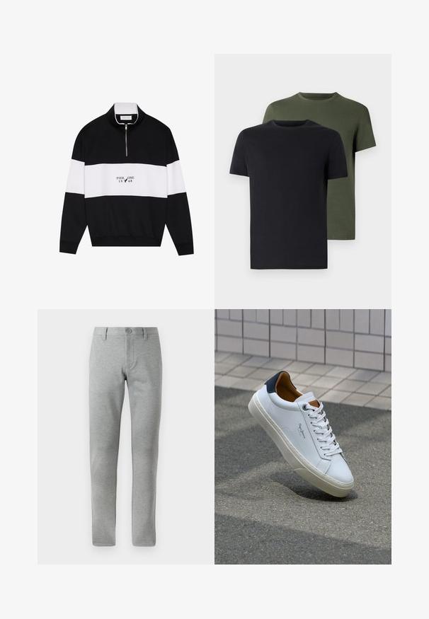 Pier One Felpa - jet black; Due magliette a girocollo in nero e verde oliva, realizzate in morbido cotone. Il design è semplice, con maniche corte e un taglio dritto.; Pantaloni grigi a gamba dritta realizzati in tessuto strutturato. Presentano una chiusura con bottone, passanti per la cintura e tasche laterali per funzionalità.; Sneaker bianca in pelle con tallone blu, punta rotonda e accenti marroni a contrasto. Presenta lacci piatti e suola in gomma testurizzata.