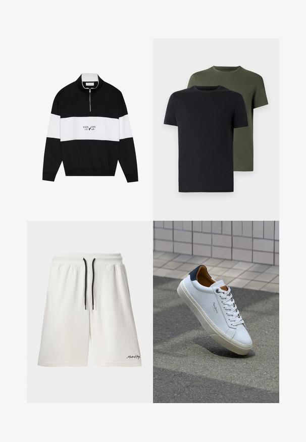 Pier One Sportska majica - jet black; Dva majica s okruglim izrezom u crnoj i maslinastoj boji, napravljena od mekanog pamučnog materijala. Dizajn je jednostavan s kratkim rukavima i ravnim krojem.; Bijele pamučne šortse s pojasom na vezanje i crnim detaljima. Ima bočne džepove i mali logo na rubu. Mekana tekstura.; Bijela kožna tenisica s mornarskom petom, okruglim vrhom i kontrastnim smešnim akcentima. Sadrži ravne vezice i teksturiranu gumenu potplat.