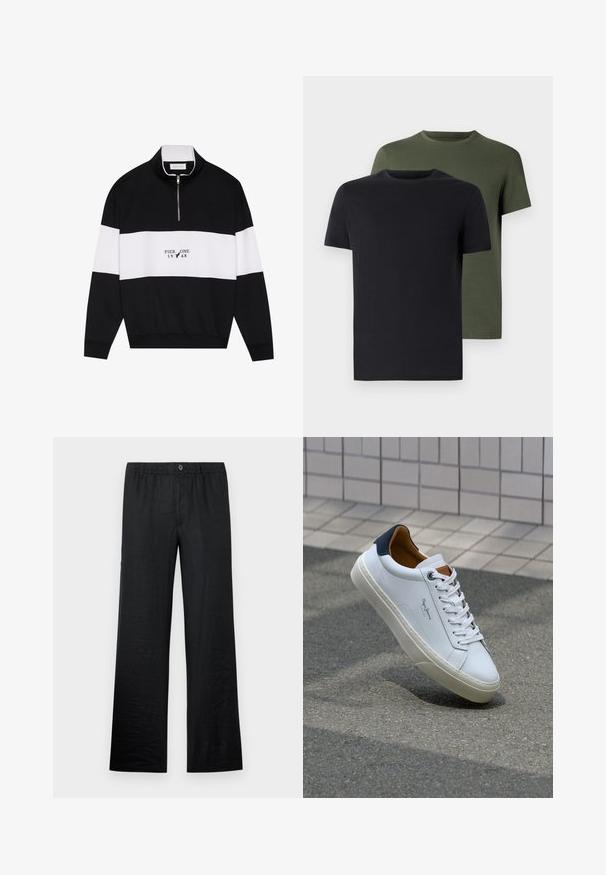 Pier One Sweatshirt - jet black; Deux t-shirts col ras du cou en noir et vert olive, fabriqués en coton doux. Le design est simple avec des manches courtes et une coupe droite.; Pantalons en lin noir à coupe décontractée, dotés d'une taille élastique et d'un détail en bouton, mettant en valeur une texture lisse et un design à jambes larges.; Sneaker en cuir blanc avec un talon bleu marine, bout rond et accents marron contrastés. Dispose de lacets plats et d'une semelle en caoutchouc texturée.