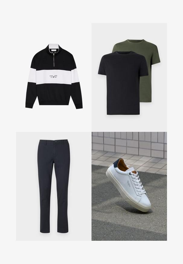 Pier One Sweatshirt - jet black; Two crew-neck t-shirts in black and olive green, made of soft cotton fabric. The design is simple with short sleeves and a straight cut.; Black cotton trousers with a straight-leg design, a button closure, and side pockets; smooth texture and no visible patterns.; White leather sneaker with a navy heel, round toe, and contrasting brown accents. Features flat laces and textured rubber sole.