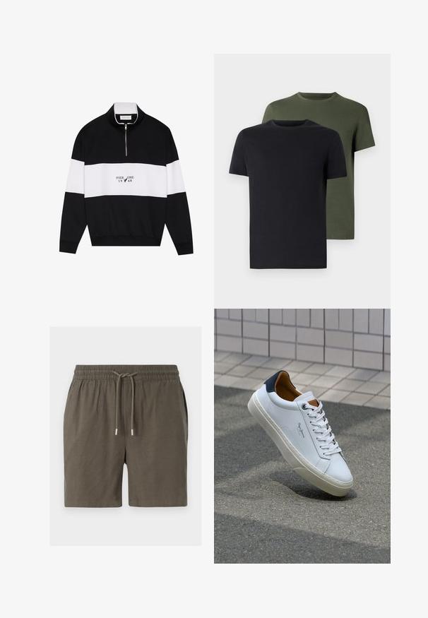 Pier One Sweatshirt - jet black; Zwei Rundhals-T-Shirts in Schwarz und Olivgrün, aus weichem Baumwollstoff gefertigt. Das Design ist schlicht mit kurzen Ärmeln und geradem Schnitt.; Dunkelgrüne Shorts mit elastischem Bund, Kordelzugverschluss und einer glatten, leichten Textur. Keine sichtbaren Taschen oder Muster.; Weiße Ledersneaker mit navyfarbenem Fersenbereich, runder Zehenpartie und kontrastierenden braunen Akzenten. Verfügt über flache Schnürsenkel und eine strukturierte Gummisohle.